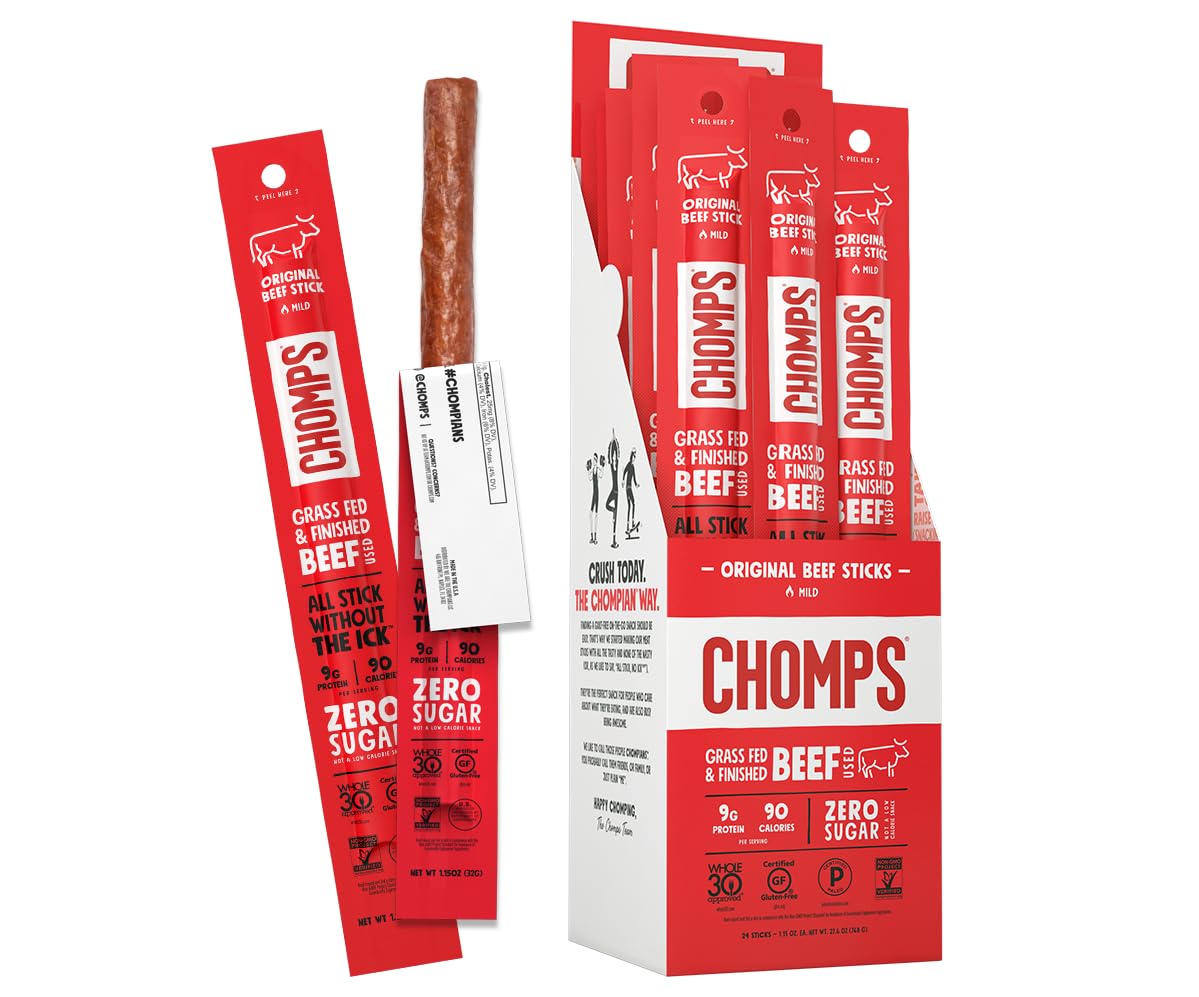 CHOMPS Grass Fed Original Beef Jerky Snack Sticks, Keto, Paleo, Whole30 Approved, Non-GMO, Gluten Free, Sugar Free, High Protein, 90 Calorie Snack, 24 Individual Servings