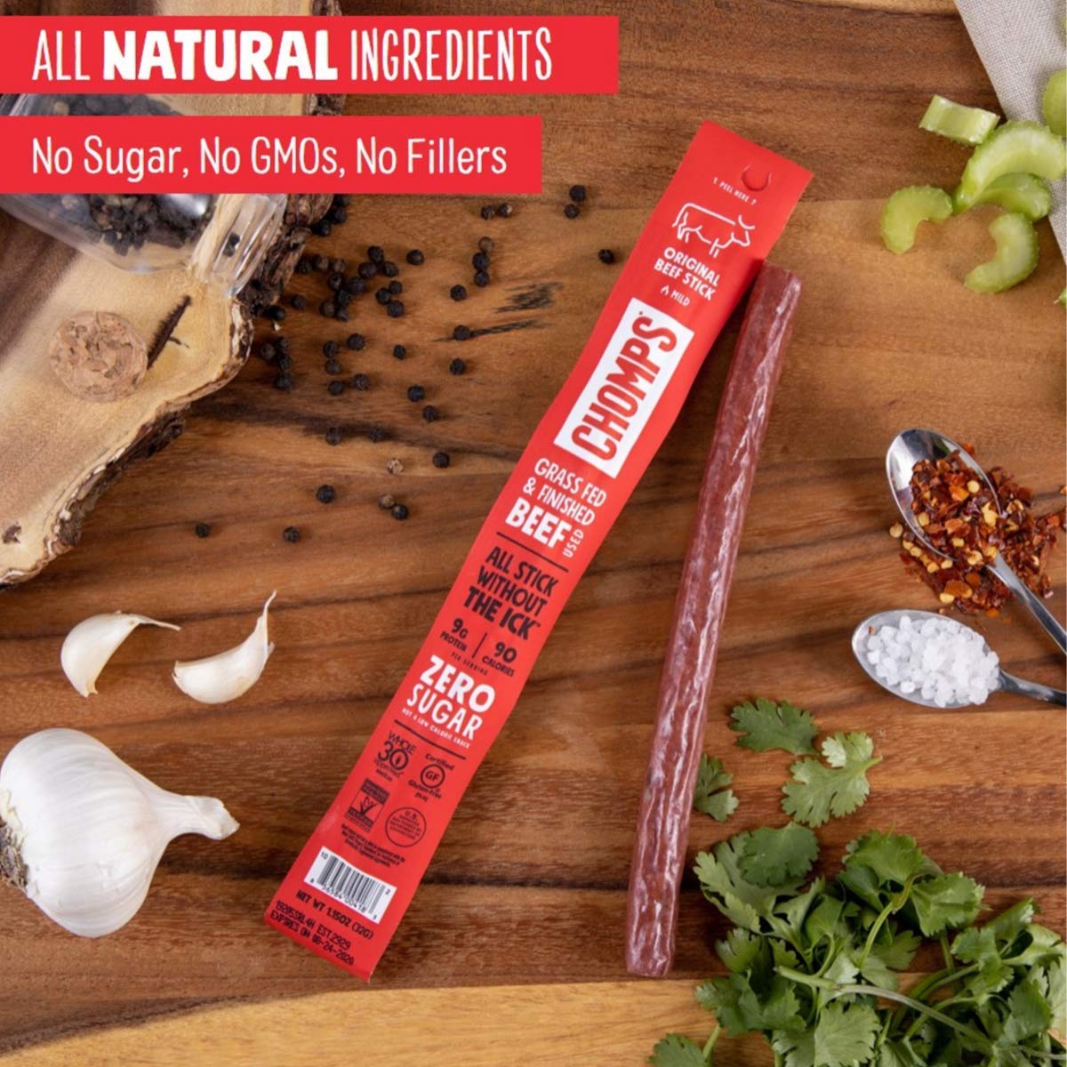 CHOMPS Grass Fed Original Beef Jerky Snack Sticks, Keto, Paleo, Whole30 Approved, Non-GMO, Gluten Free, Sugar Free, High Protein, 90 Calorie Snack, 24 Individual Servings