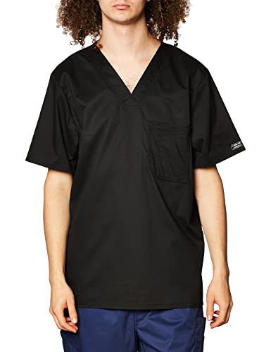 Cherokee Men's V-Neck Scrub Top, Traditional Fit with Double Chest Pocket and Side Vents 4743, L, Black