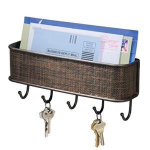 idesign twillo mail and key holder, decorative wall mounted key rack organizer pocket and letter sorter holder for entryway, kitchen, mudroom, home office organization, 10.5" x 2.5" x 4.5", bronze