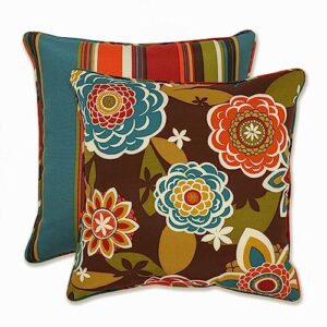 pillow perfect reversible floral stripe outdoor throw accent pillow, plush fill, weather, and fade resistant, large square - 18.5" x 18.5", brown/orange annie, 2 count