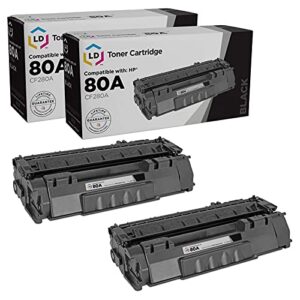 ld products compatible toner cartridge replacements for hp 80a cf280a (black, 2-pack) for use in hp laserjet pro 400 m401a 400 m401dn, 400 m401dne, 400 m401dw, 400 m401n, 400 m425dn, 400 mfp m425dw