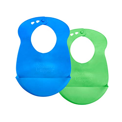 Tommee Tippee Easi-Roll Baby Bib, Crumb & Drip Catcher, Blue & Green - 7+ Months, 2 Count