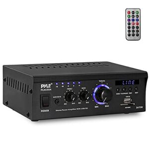 pyle home home audio power amplifier system - 2x75w dual channel theater power stereo receiver box, surround sound w/ usb, rca, aux, led, remote, 12v adapter - for speaker, iphone - pyle pcau35a