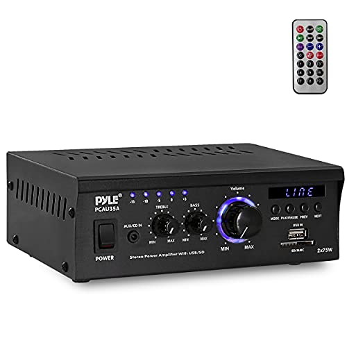 Pyle Home Home Audio Power Amplifier System - 2x75W Dual Channel Theater Power Stereo Receiver Box, Surround Sound w/ USB, RCA, AUX, LED, Remote, 12V Adapter - For Speaker, iPhone - Pyle PCAU35A