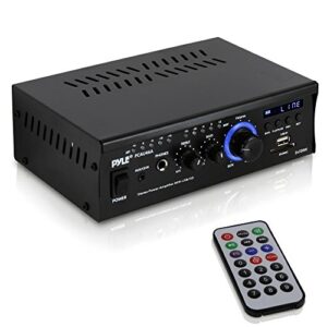 pyle home home audio power amplifier system - 2x120w dual channel theater power stereo receiver box, surround sound w/ usb, rca, aux, led, remote, 12v adapter - for speaker, iphone - pyle pcau46a
