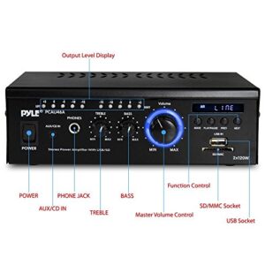 Pyle Home Home Audio Power Amplifier System - 2x120W Dual Channel Theater Power Stereo Receiver Box, Surround Sound w/ USB, RCA, AUX, LED, Remote, 12V Adapter - For Speaker, iPhone - Pyle PCAU46A
