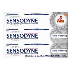 sensodyne toothpaste for sensitive teeth and cavity prevention, maximum strength extra whitening 6.5 oz (3 pack) - 08421