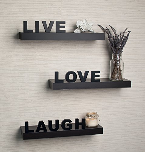 Danya B. YU075 Decorative Inspirational Quotes Wall Décor - “Live”, “Love”, “Laugh” Floating Shelves (Set of 3) - Black