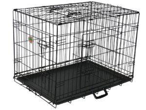 go pet club 36-inch three door folding metal wired cage crate dog kennels outdoor and indoor pet with divider panel, removable tray and handle, black