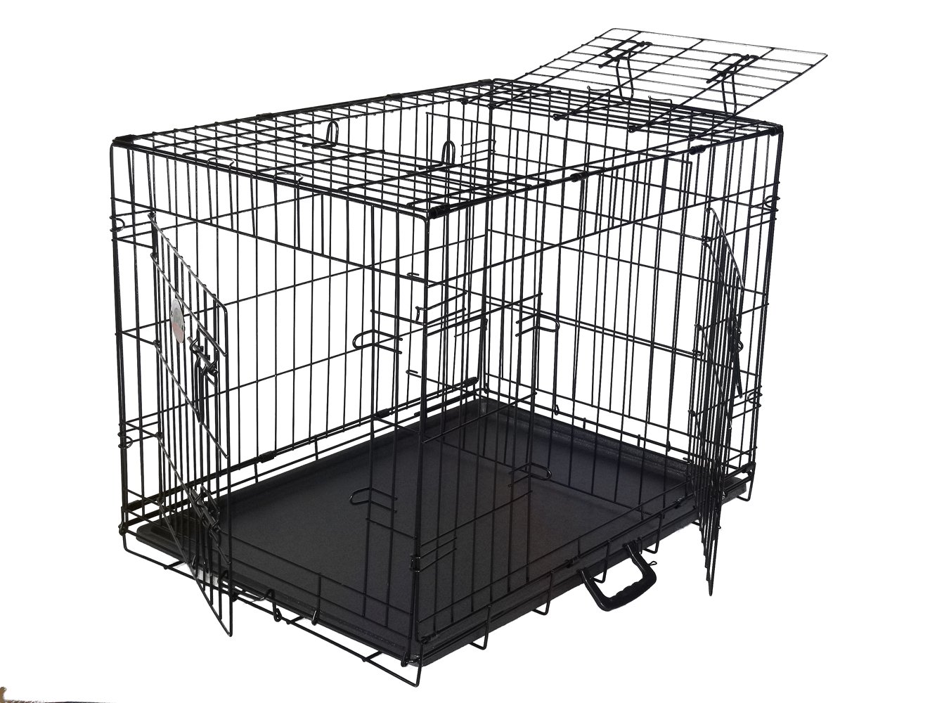 Go Pet Club 36-Inch Three Door Folding Metal Wired Cage Crate Dog Kennels Outdoor and Indoor Pet with Divider Panel, Removable Tray and Handle, Black