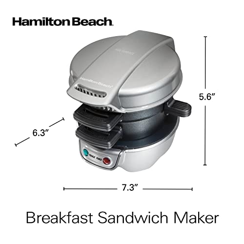 Hamilton Beach Breakfast Sandwich Maker with Egg Cooker Ring, Customize Ingredients, Perfect for English Muffins, Croissants, Mini Waffles, Dorm Room Essentials, Silver (25475)