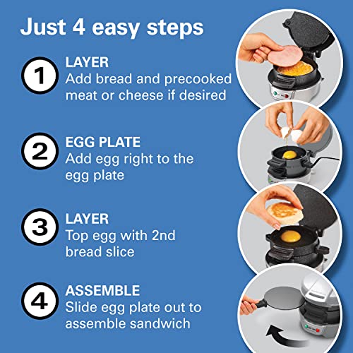 Hamilton Beach Breakfast Sandwich Maker with Egg Cooker Ring, Customize Ingredients, Perfect for English Muffins, Croissants, Mini Waffles, Dorm Room Essentials, Silver (25475)