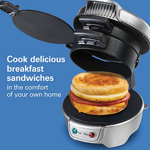 Hamilton Beach Breakfast Sandwich Maker with Egg Cooker Ring, Customize Ingredients, Perfect for English Muffins, Croissants, Mini Waffles, Dorm Room Essentials, Silver (25475)