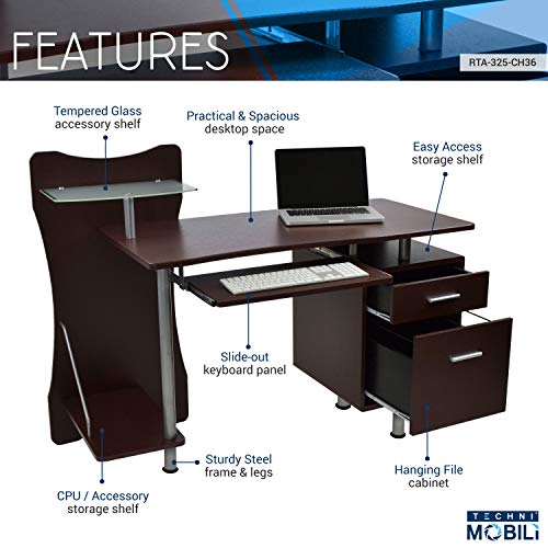 Techni Mobili RTA-325-CH36 Stylish Computer Desk with Storage, Chocolate, 22.25" D x 51.25" W x 39.5" H