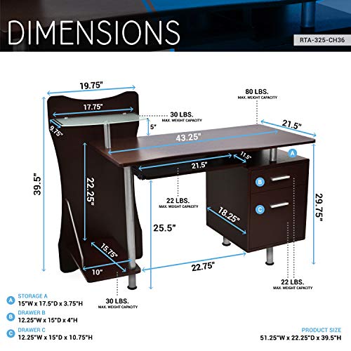 Techni Mobili RTA-325-CH36 Stylish Computer Desk with Storage, Chocolate, 22.25" D x 51.25" W x 39.5" H