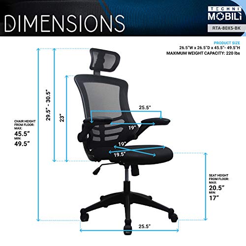 Techni Mobili Modern Ergonomic High-Back Office Chair, Executive Mesh Home Office Chair with Adjustable Headrest & Flip Up Arms, Black