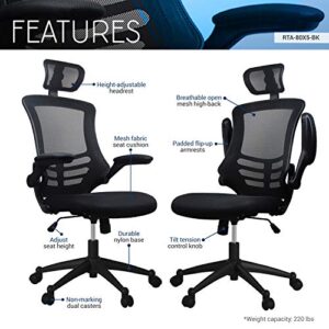 Techni Mobili Modern Ergonomic High-Back Office Chair, Executive Mesh Home Office Chair with Adjustable Headrest & Flip Up Arms, Black