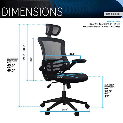 Techni Mobili Modern Ergonomic High-Back Office Chair, Executive Mesh Home Office Chair with Adjustable Headrest & Flip Up Arms, Black