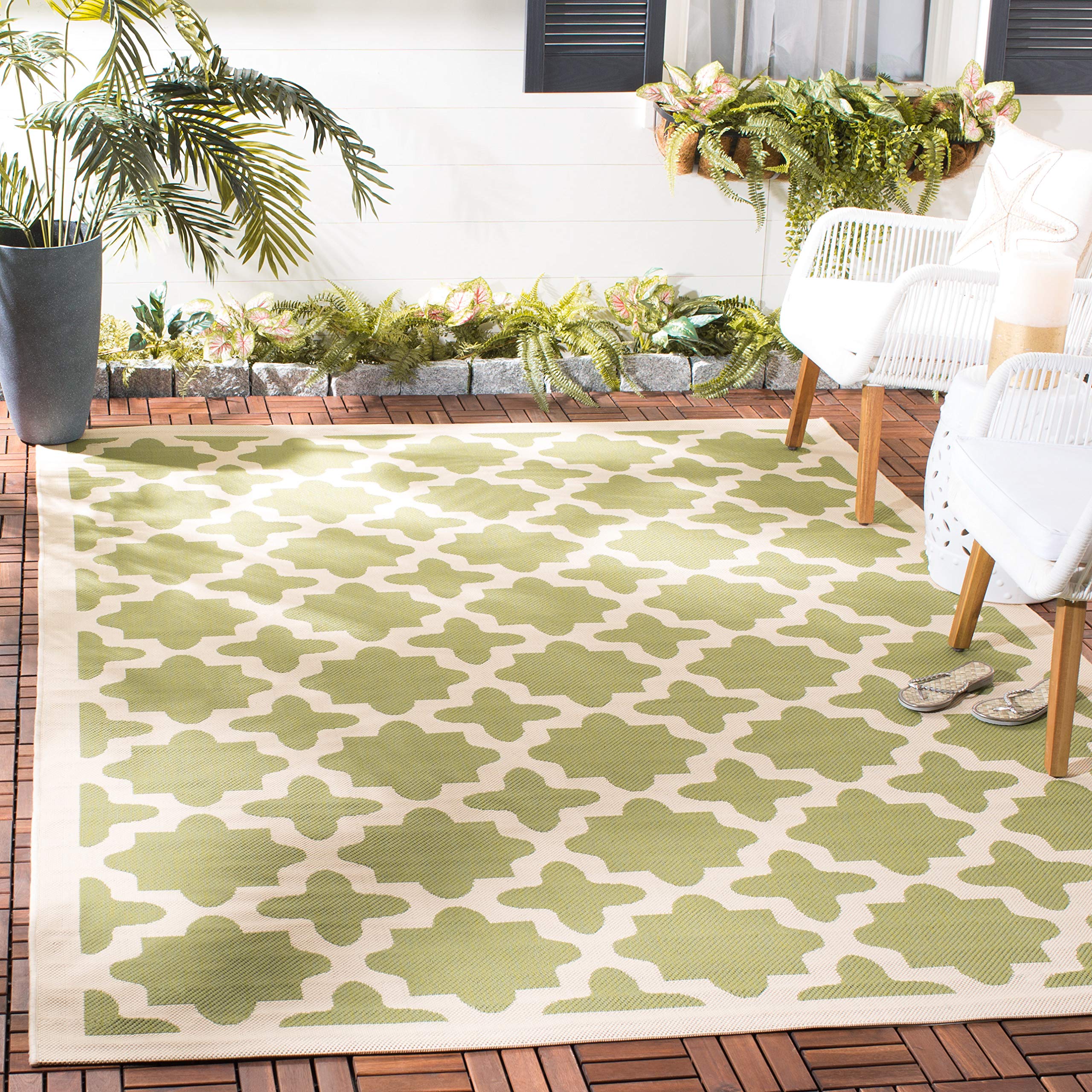 SAFAVIEH Courtyard Collection 6'7" x 9'6" Green/Beige CY6913 Indoor/ Outdoor Waterproof Easy-Cleaning Patio Backyard Mudroom Area-Rug