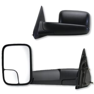 fit system 60111-12c towing mirror pair for dodge ram pick-up 1500, 2500/3500, textured black, spot mirror, flip-out head, foldaway manual