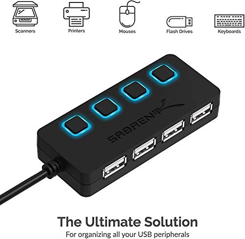 SABRENT 4 Port USB 2.0 Data Hub with Individual LED lit Power Switches [Charging NOT Supported] for Mac & PC (HB-UMLS)