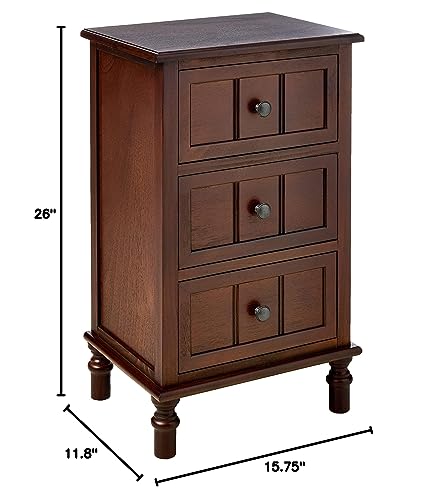 Decor Therapy Simplify Three Drawer Wood Accent Cabinet Side Table, 11.8 in x 15.75 in x 26 in, Walnut