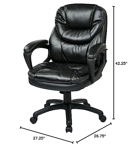 Office Star FL Series Faux Leather Manager's Adjustable Office Chair with Lumbar Support and Padded Arms, Black