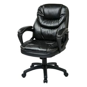 Office Star FL Series Faux Leather Manager's Adjustable Office Chair with Lumbar Support and Padded Arms, Black