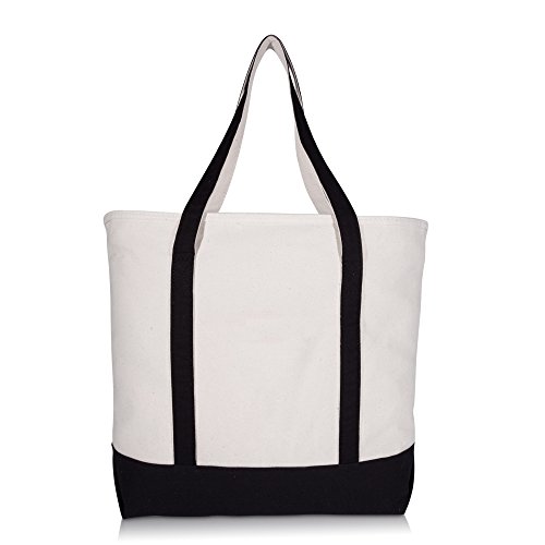 DALIX 22" Large Cotton Canvas Zippered Shopping Tote Grocery Bag in Black