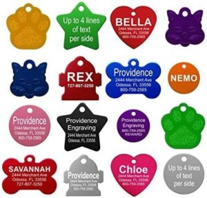 providence engraving pet id tags - small or large personalized anodized aluminum pet tags in bone, round, star, heart, hydrant, paw and cat face shapes and 9 colors for dog and cat