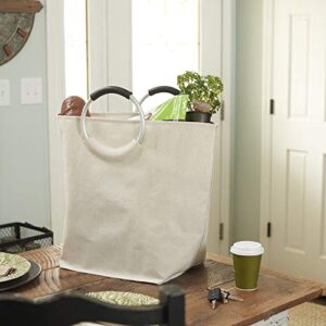 household essentials laundry tote with handles, poly-cotton linen with peva lining, durable, easy to carry, perfect as a laundry hamper or tote