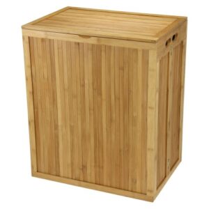 household essentials folding bamboo laundry hamper with hinged lid and cotton liner, natural