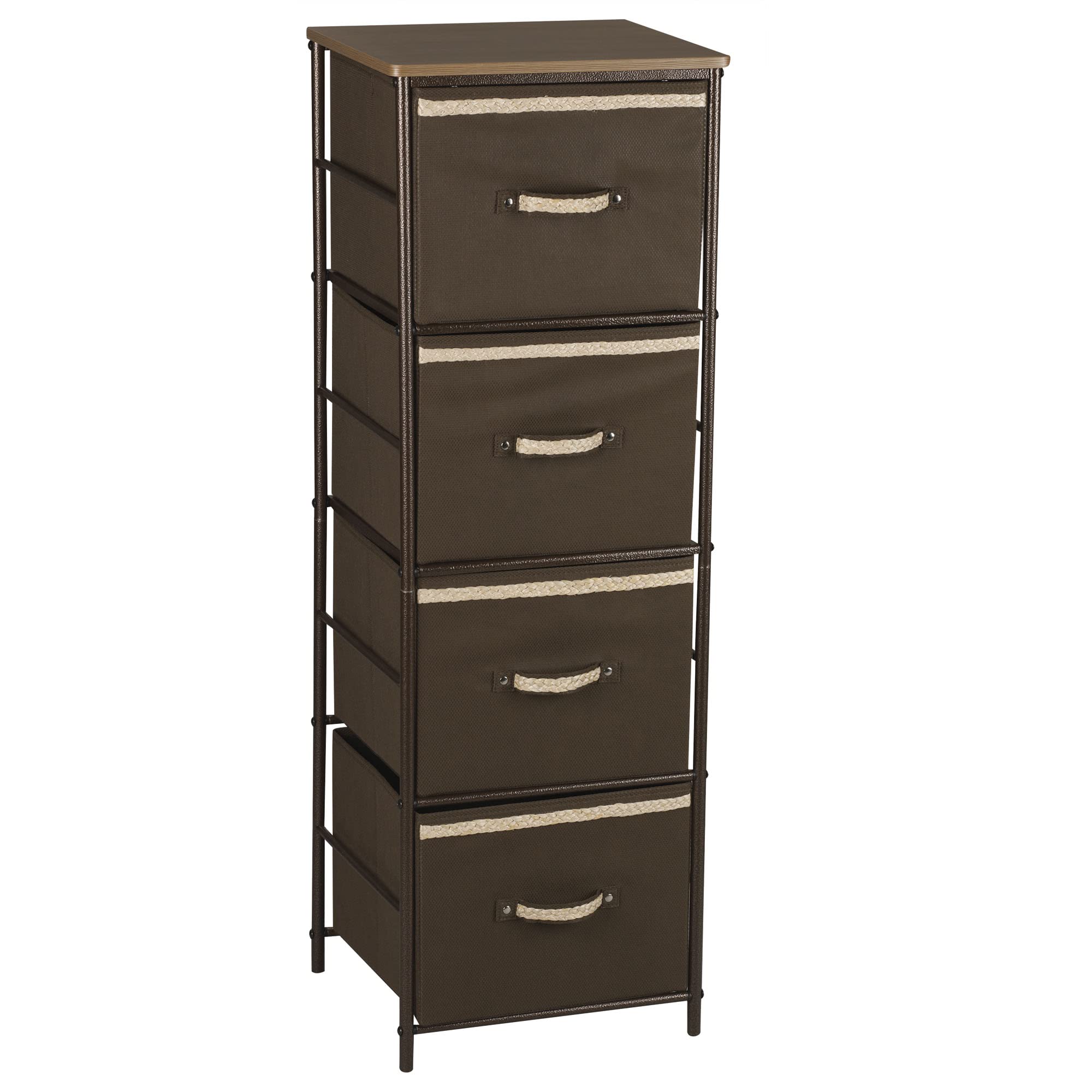 Household Essentials 2-Tier Storage Chest of Drawers Bronze Frame Wood Grain Top and 4 Brown Storage Bins with Natural Jute Trim