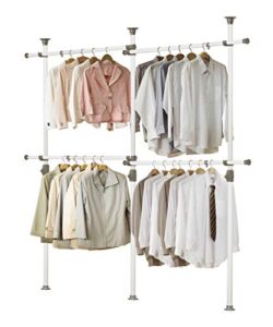 prince hanger, one touch double 2-tier adjustable garment rack, clothing rack, freestanding, tension rod for hanging clothes, coats, skirts, shirts, sweaters, portable, white, made in korea