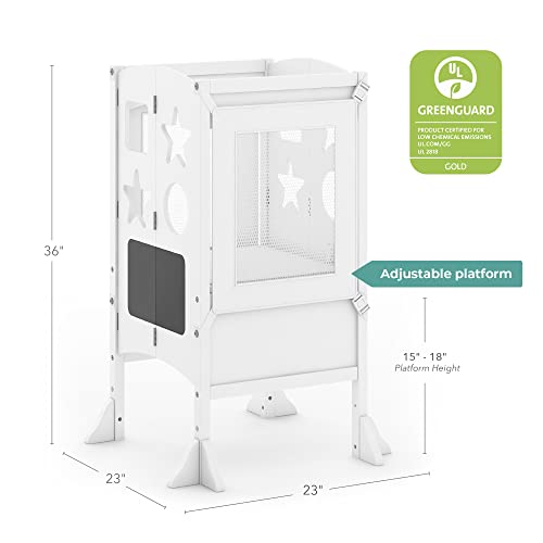 Guidecraft Classic Kitchen Helper® Stool - White with 2 Keepers and Non-Slip Mat: Foldable, Adjustable Height Safety Cooking Tower for Toddlers with Chalkboard and Whiteboard Message Boards