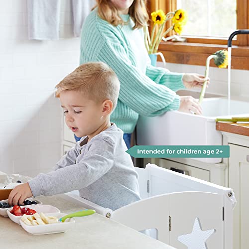 Guidecraft Classic Kitchen Helper® Stool - White with 2 Keepers and Non-Slip Mat: Foldable, Adjustable Height Safety Cooking Tower for Toddlers with Chalkboard and Whiteboard Message Boards