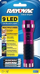 rayovac uv flashlight black light, 400 nm ultraviolet blacklight detector for dog urine, pet stains, bed bug and auto leaks, purple (beuv3aaa-ba)