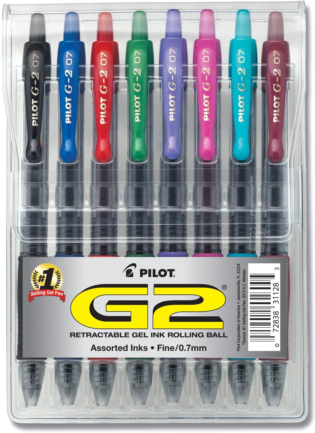 PILOT G2 Premium Refillable and Retractable Rolling Ball Gel Pens, Fine Point, Assorted Color Inks, 8-Pack (31128)