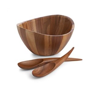 nambe gourmet harmony 3 piece wooden salad bowl set | big 12-inch salad bowl with serving utensils | acacia wood salad tosser and fruit bowl | housewarming gift | designed by wei young