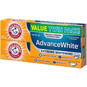 ARM & HAMMER Advanced White Extreme Whitening Toothpaste, TWIN PACK (Contains Two 6oz Tubes) -Clean Mint- Fluoride Toothpaste