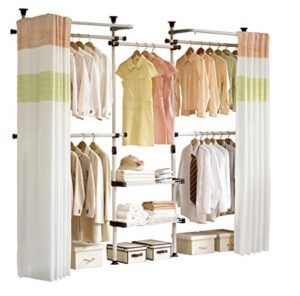 prince hanger, deluxe 4 tier & shelf clothes rack with curtain, clothing rack, closet organizer, freestanding, tension rod, phus-0061, made in korea
