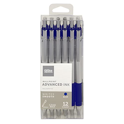 FORAY(R) Advanced Ink Retractable Ballpoint Pens, Bold Point, 1.2 mm, Silver Barrel, Blue Ink, Pack of 12