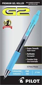 pilot g2-7 retractable gel roller pen, fine pen point type - 0.7 mm pen point size - turquoise ink - translucent barrel - pack of 12