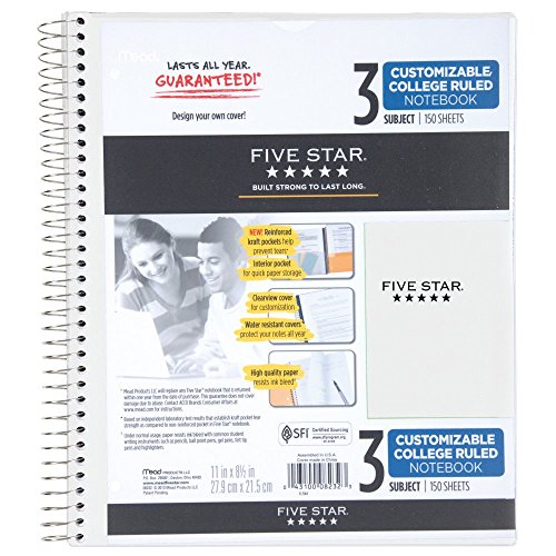Five Star Spiral Notebook, 3 Subject, College Ruled Paper, 150 Sheets, 11" x 8-1/2, Customizable Cover, Color Selected For You, 1 Count (08232)