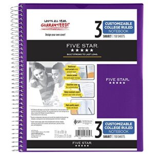 Five Star Spiral Notebook, 3 Subject, College Ruled Paper, 150 Sheets, 11" x 8-1/2, Customizable Cover, Color Selected For You, 1 Count (08232)