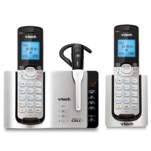 vtech ds6671-3 dect 6.0 expandable cordless phone with bluetooth connect answering system, silver/black with 2 handsets and 1 cordless headset