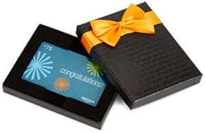 amazon.com $75 gift card in a black gift box (congratulations starbursts card design)