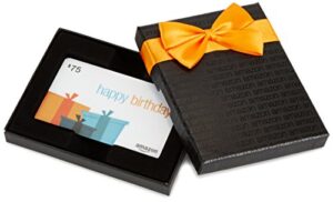 amazon.com $75 gift card in a black gift box (birthday presents card design)