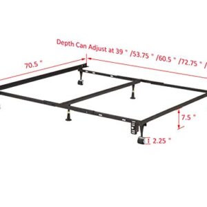 Heavy Duty 6-Leg Adjustable Universal Twin/Full/Queen/King Metal Bed Frame with Double Center Support Rug Rollers & Locking Wheels